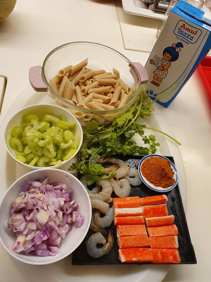 Ingredients for Penne with Seafood and Vegetables in Curry Flavour