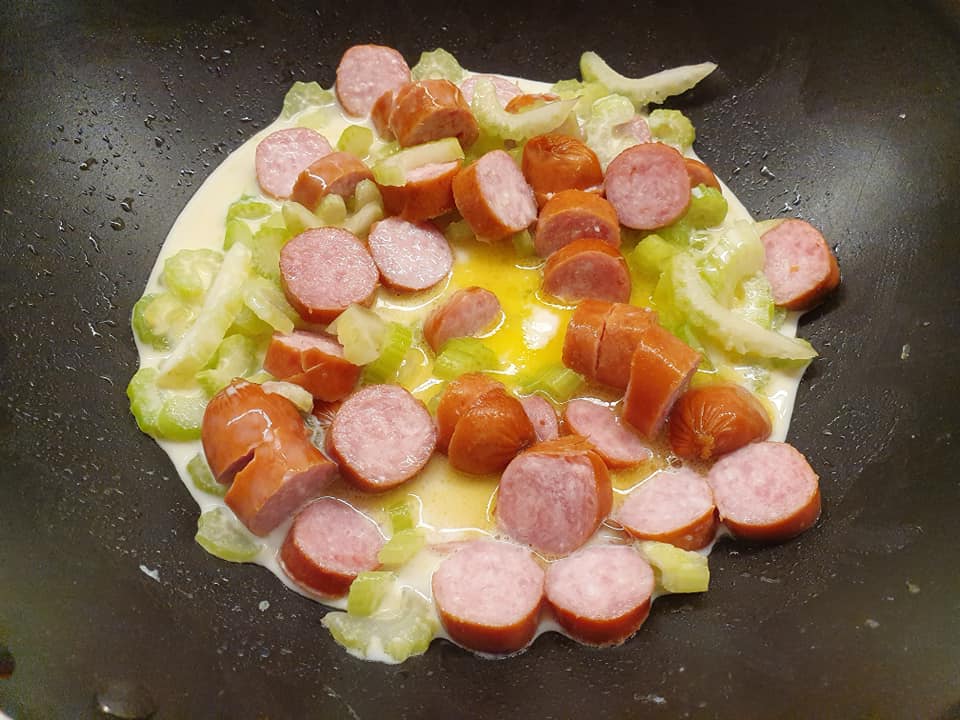 Cooking in progress: Sausage & Rice Au Gratin