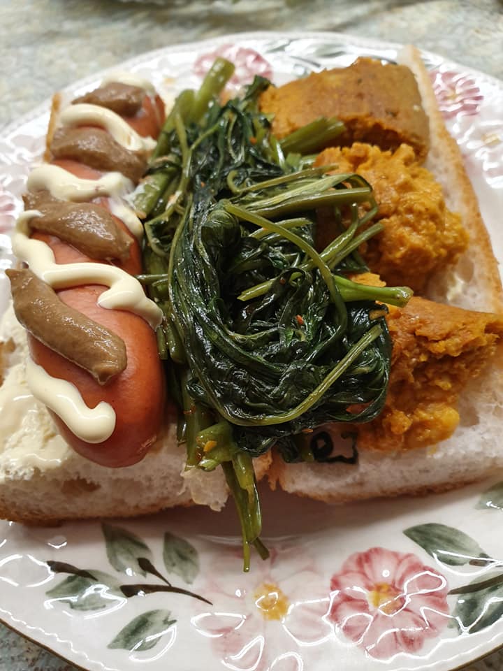 Otah, sausage & Kang Kong sandwich