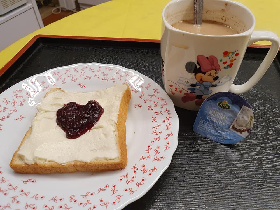 Toasted bread spread with Cream Cheese and my self made Roselle Jam with a cup of Nescafe Gold with Full Cream Milk