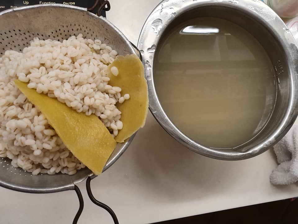 Off the heat and strain out the Barley Water. 