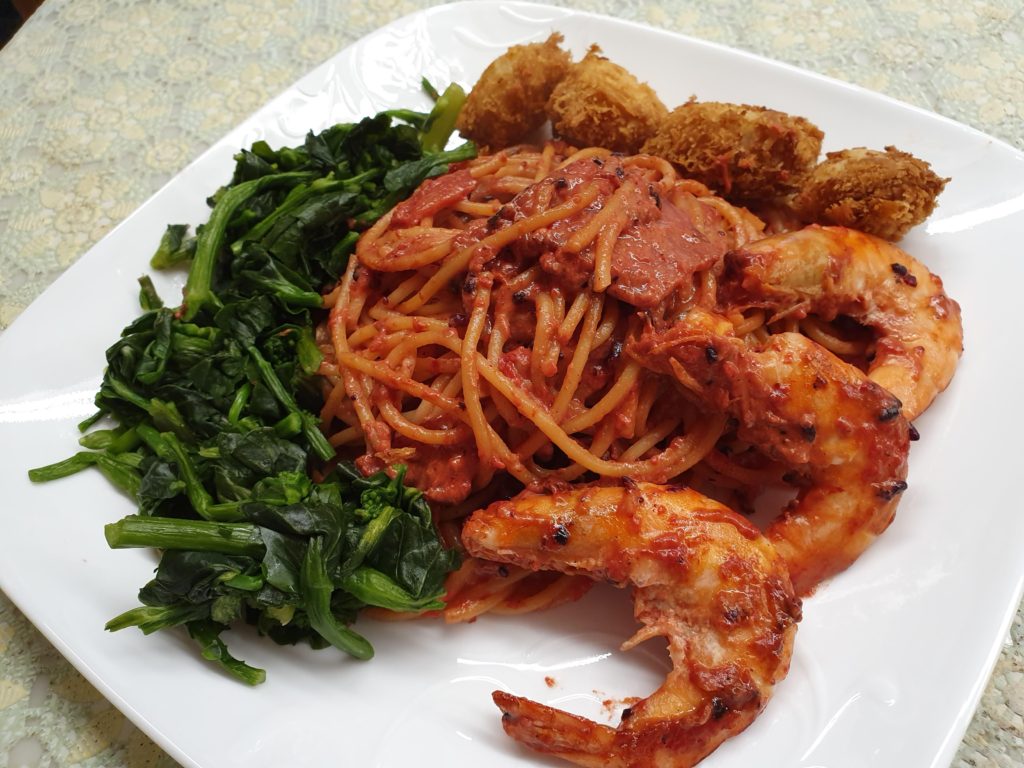 Spaghetti with Oyster Fritters & Prawn