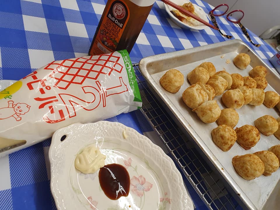 Homemade TAKOYAKI  serve with BULL-DOG brand Tonkatsu Sauce and QP brand 50% off Calories Mayonnaise.