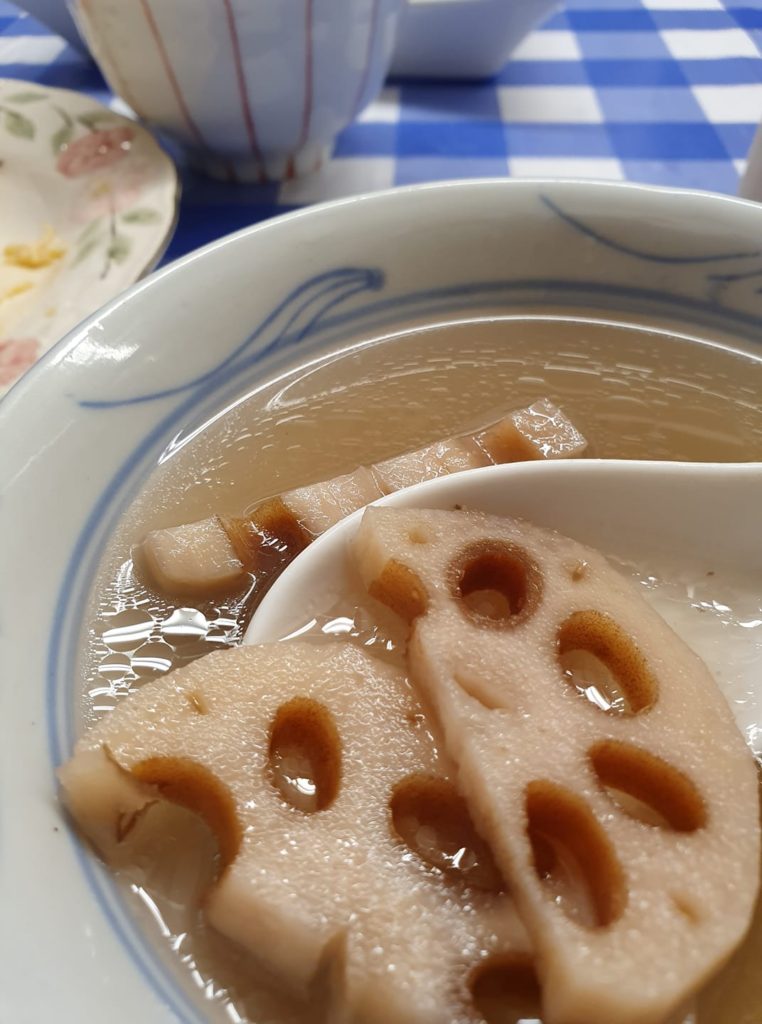 Lotus Root, Pork Hock, Dried Scallops and Ginger slices Savoury Soup.