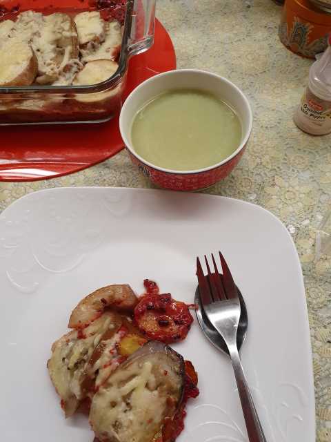 Potato Brinjal in Basilio Sauce with Avocado Soup