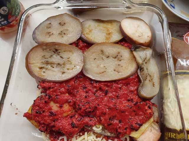 Repeat with Potato layer, Basilico Sauce, then lay another layer of Brinjal on top. 