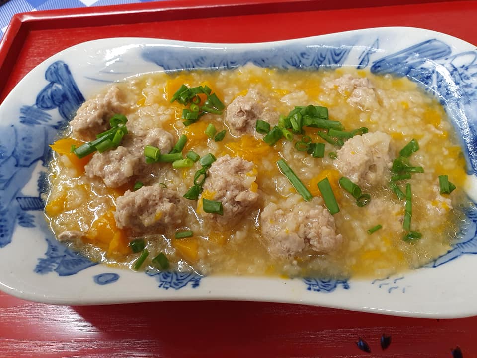 Pumpkin Rice Porridge with homemade Meat Balls