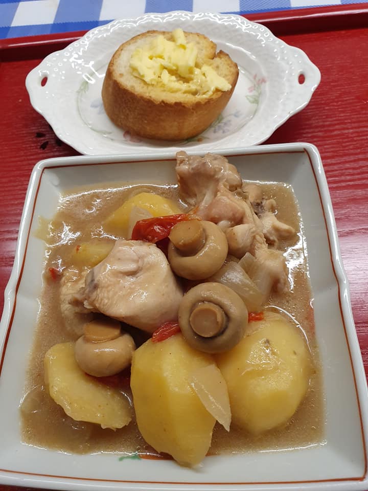 Chicken Stew with Potato, Button Mushrooms & Cherry Tomatoes served with toasted Baguette